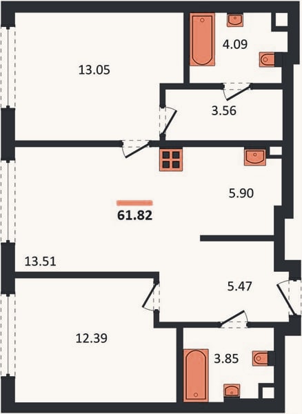 Планировка: 2-к, 61,8 м²