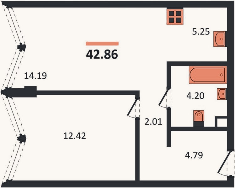 Планировка: 1-к, 42,9 м²