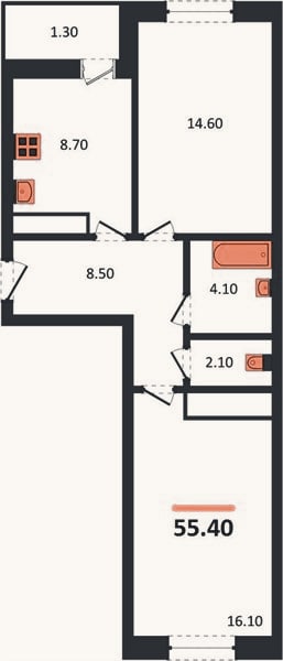 Планировка: 2-к, 55,4 м²