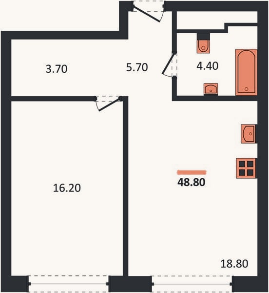 Планировка: 1-к, 48,8 м²