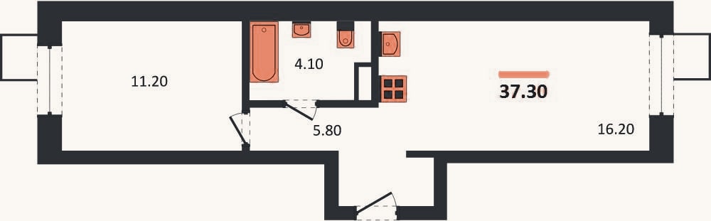 Планировка: 1-к, 37,3 м²