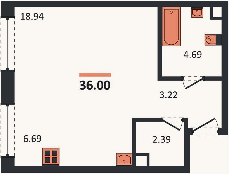 Планировка: Студия, 36 м²