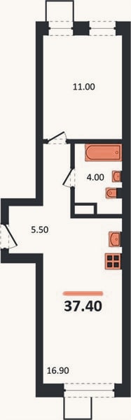 Планировка: 1-к, 37,4 м²