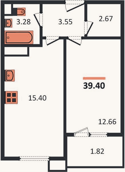 Планировка: 1-к, 39,4 м²