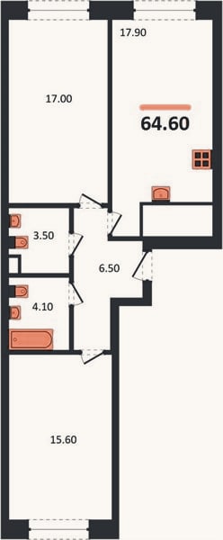 Планировка: 2-к, 64,6 м²