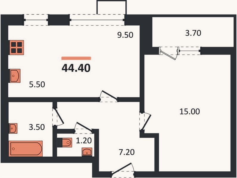 Планировка: 1-к, 44,4 м²