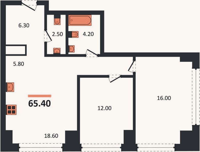 Планировка: 2-к, 65,4 м²