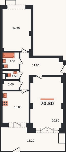 Планировка: 2-к, 70,3 м²