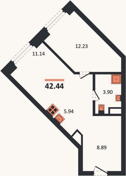 Планировка: 1-к, 42,4 м²