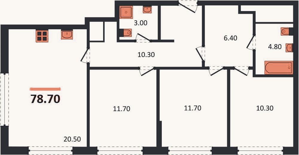 Планировка: 3-к, 77,2 м²