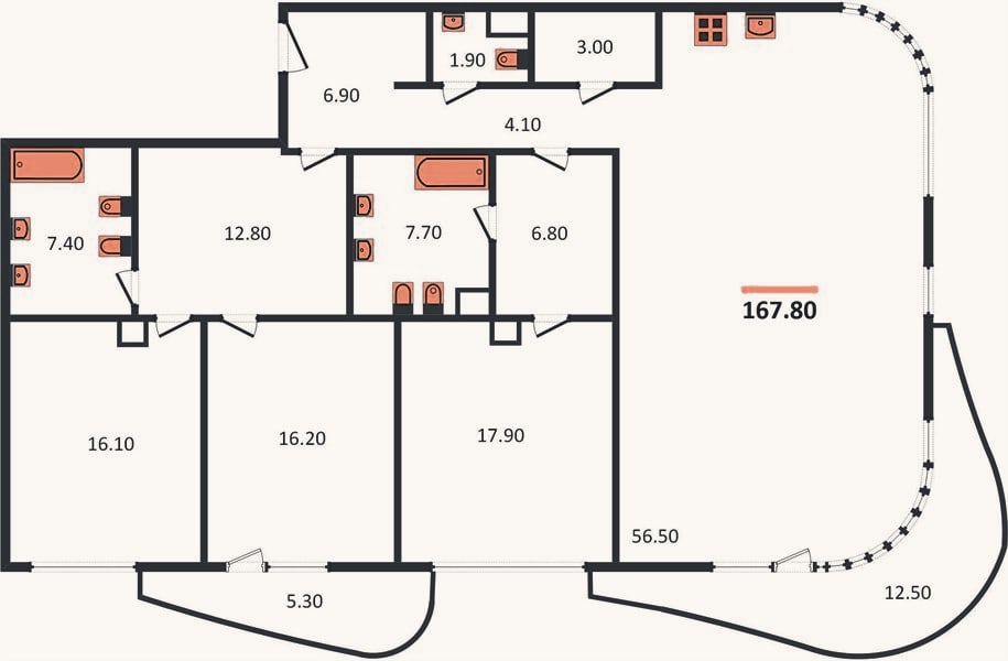 Планировка: 3-к, 167,8 м²