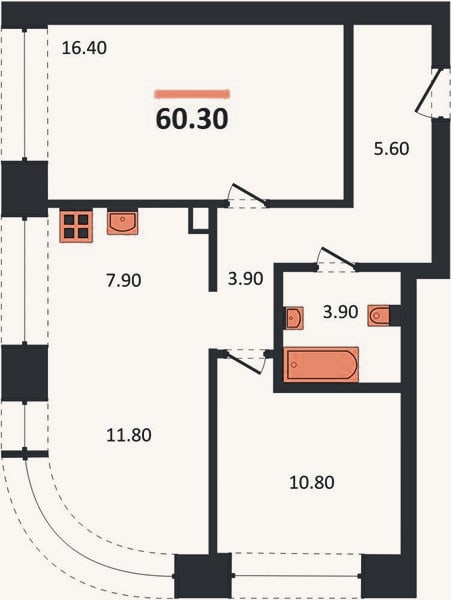 Планировка: 2-к, 60,3 м²