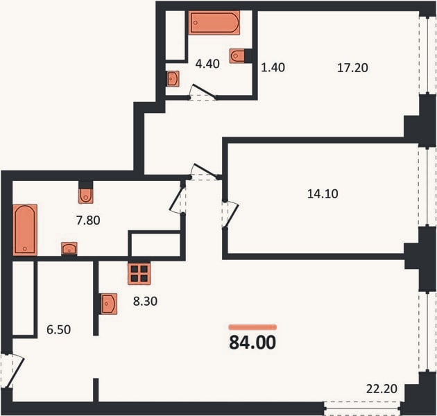 Планировка: 2-к, 84 м²