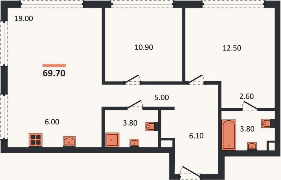 Планировка: 2-к, 69,7 м²