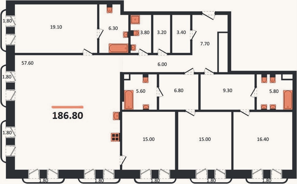 Планировка: 4+ к, 186,8 м²