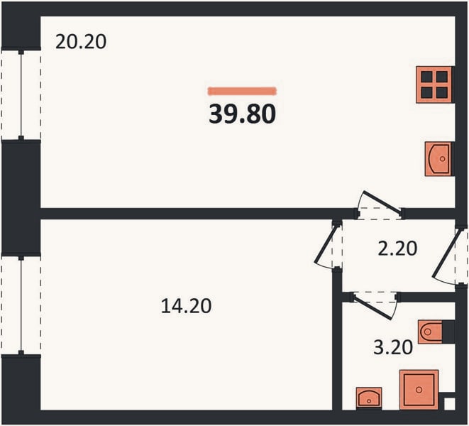 Планировка: 1-к, 39,8 м²