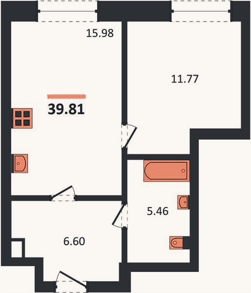 Планировка: 1-к, 39,8 м²