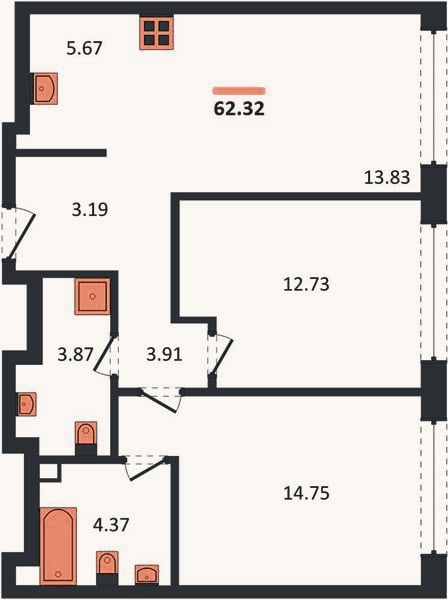 Планировка: 2-к, 62,3 м²
