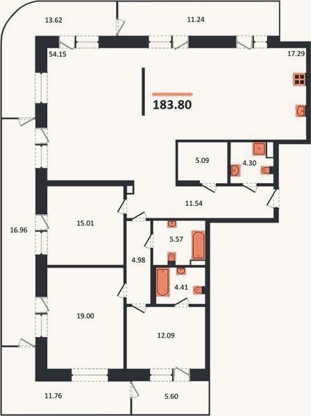 Планировка: 3-к, 183,8 м²