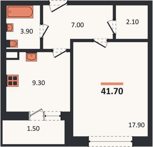 Планировка: 1-к, 41,7 м²