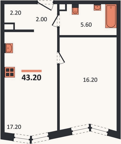 Планировка: 1-к, 43,4 м²