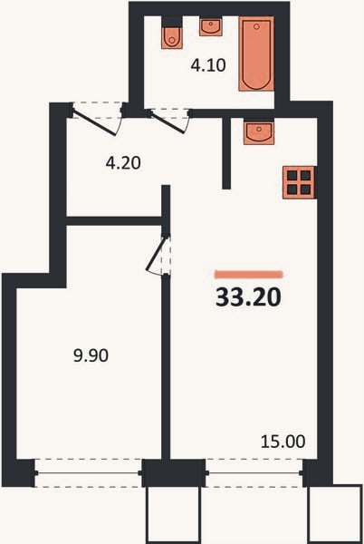 Планировка: 1-к, 33,2 м²
