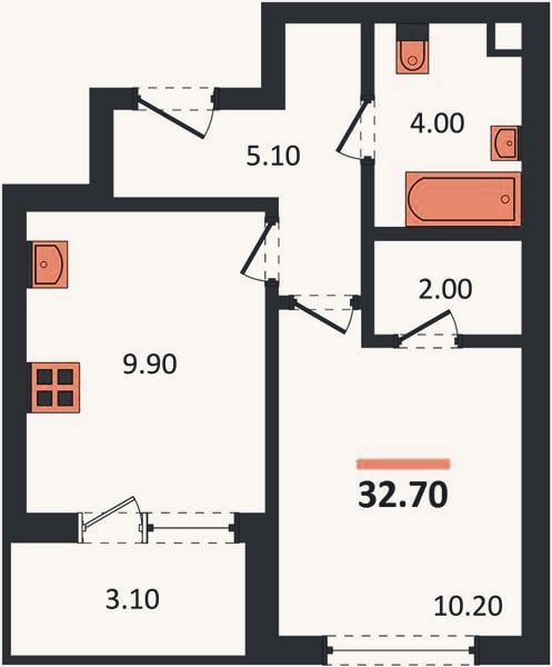 Планировка: 1-к, 32,7 м²