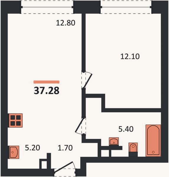 Планировка: 1-к, 36,7 м²