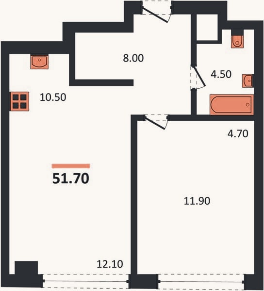 Планировка: 1-к, 51,7 м²