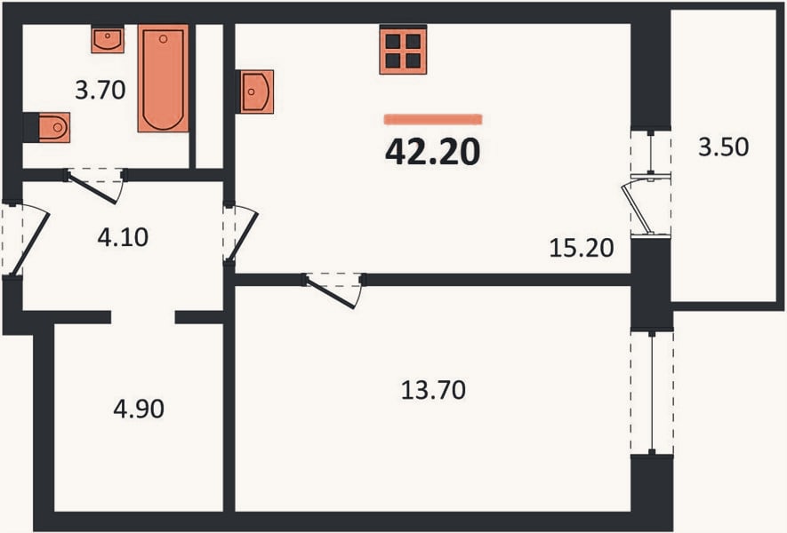 Планировка: 1-к, 42,2 м²