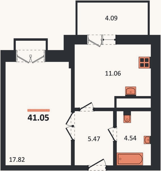 Планировка: 1-к, 41,1 м²