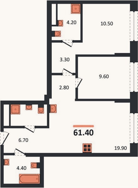 Планировка: 2-к, 61,4 м²
