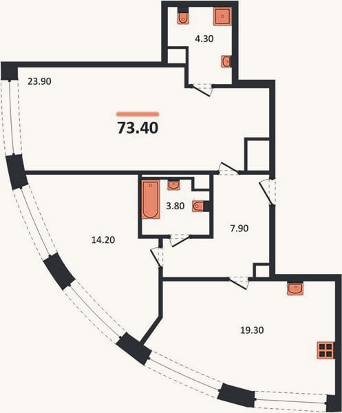 Планировка: 2-к, 73,4 м²