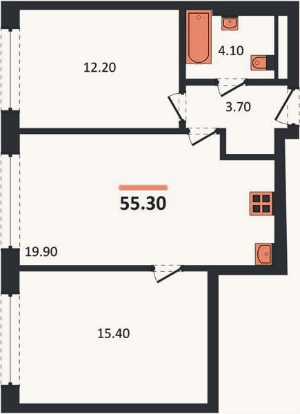Планировка: 2-к, 55,3 м²