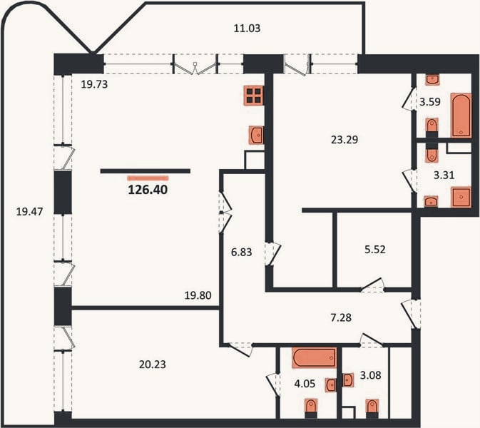Планировка: 3-к, 126,4 м²