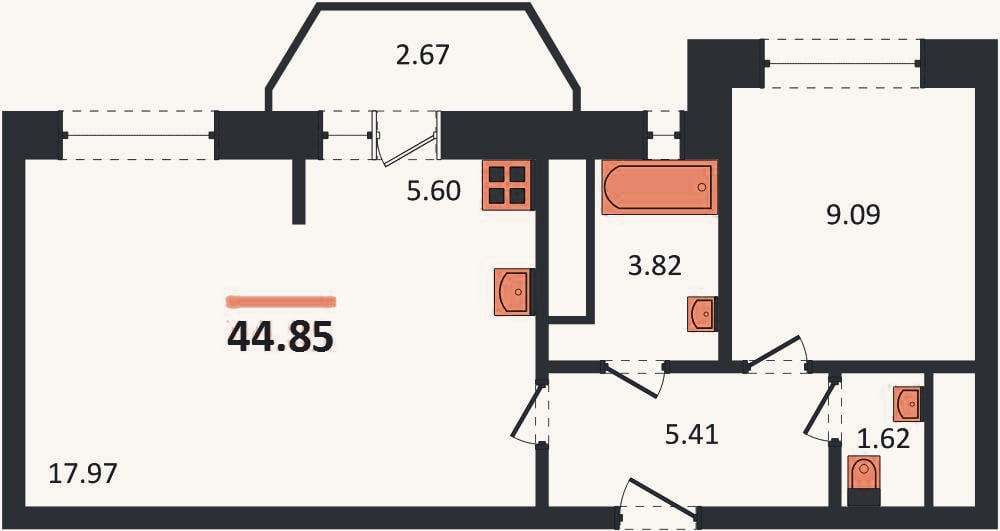 Планировка: 1-к, 44,9 м²