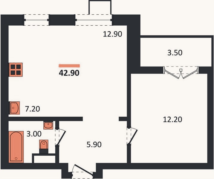 Планировка: 1-к, 42,9 м²