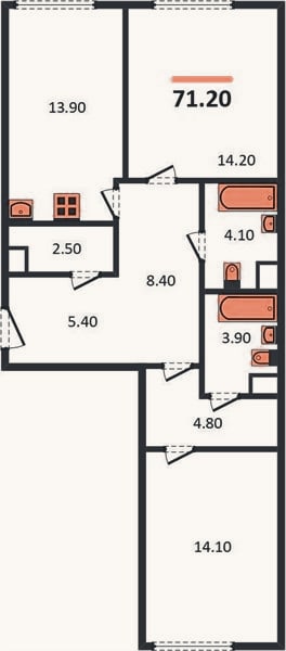 Планировка: 2-к, 71,2 м²