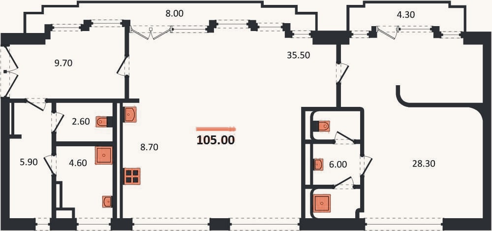 Планировка: 1-к, 105 м²
