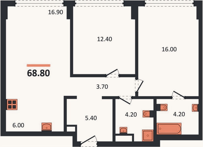 Планировка: 2-к, 68,8 м²