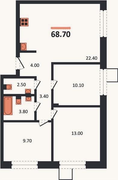 Планировка: 3-к, 68,7 м²