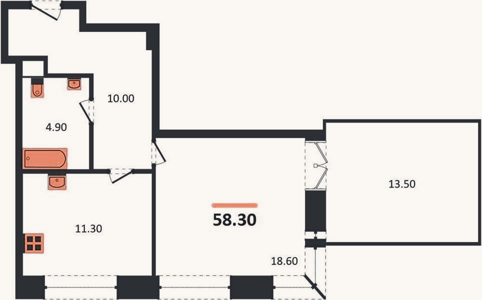 Планировка: 1-к, 58,3 м²