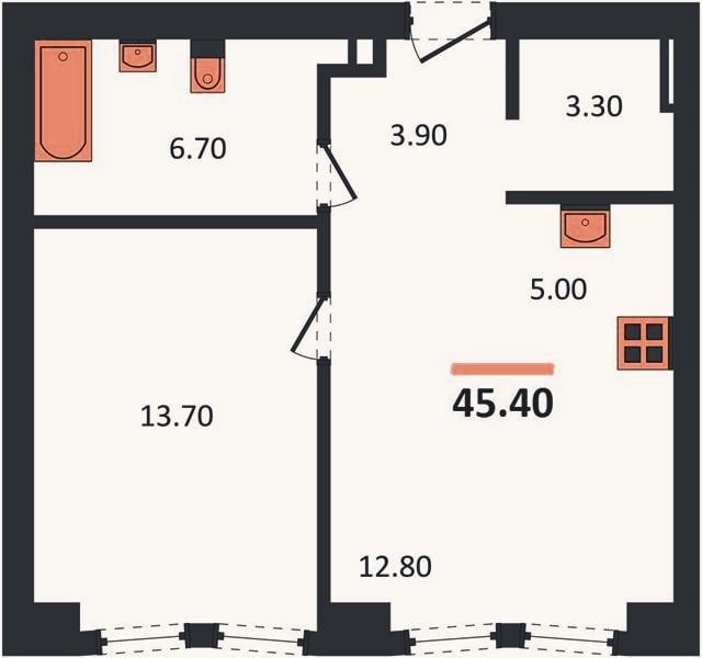 Планировка: 1-к, 45,4 м²