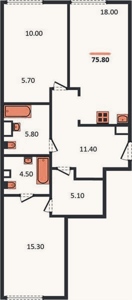Планировка: 2-к, 75,6 м²
