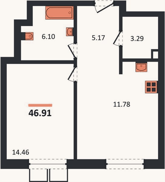 Планировка: 1-к, 46,9 м²