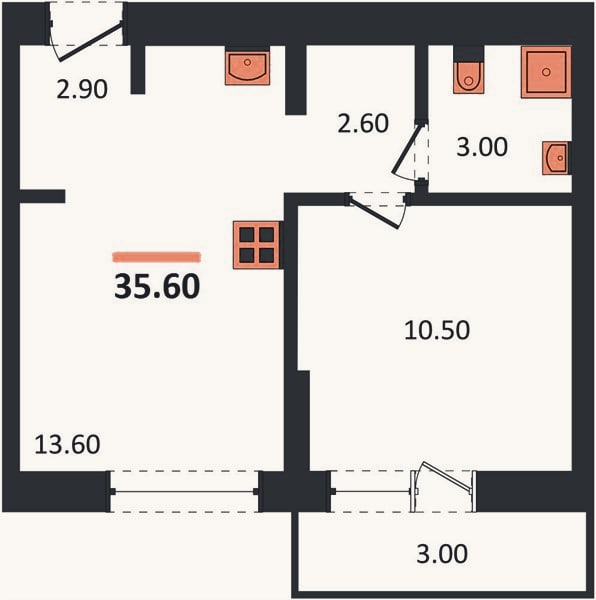 Планировка: 1-к, 35,6 м²