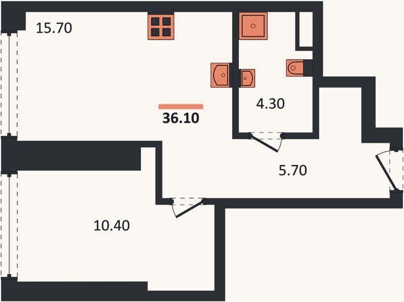 Планировка: 1-к, 36,1 м²