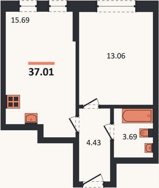 Планировка: 1-к, 37 м²