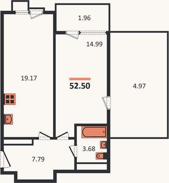 Планировка: 1-к, 52,5 м²