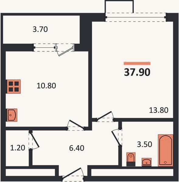 Планировка: 1-к, 37,9 м²